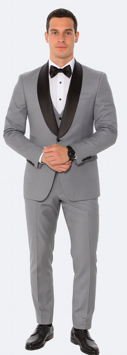 Grey Slim Fit Tuxedo with Large Black Shawl Lapel – 3 Piece Wedding & Prom Set