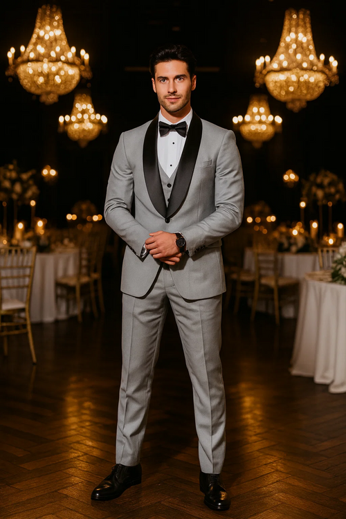 Grey Slim Fit Tuxedo with Large Black Shawl Lapel – 3 Piece Wedding & Prom Set