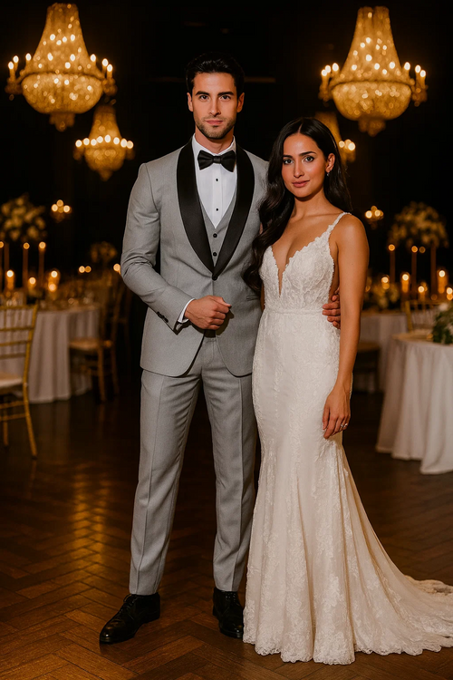 Grey Slim Fit Tuxedo with Large Black Shawl Lapel – 3 Piece Wedding & Prom Set