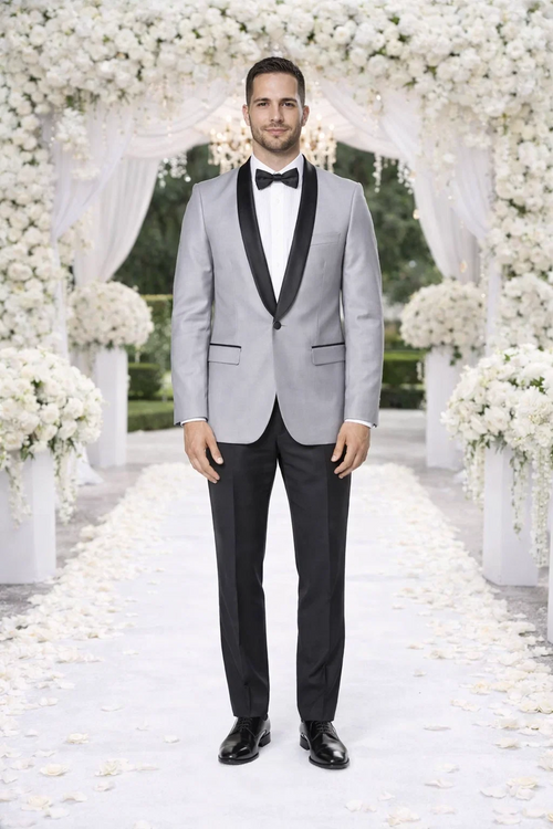 Grey Tuxedo Jacket with Black Satin Shawl Lapel – Slim Fit
