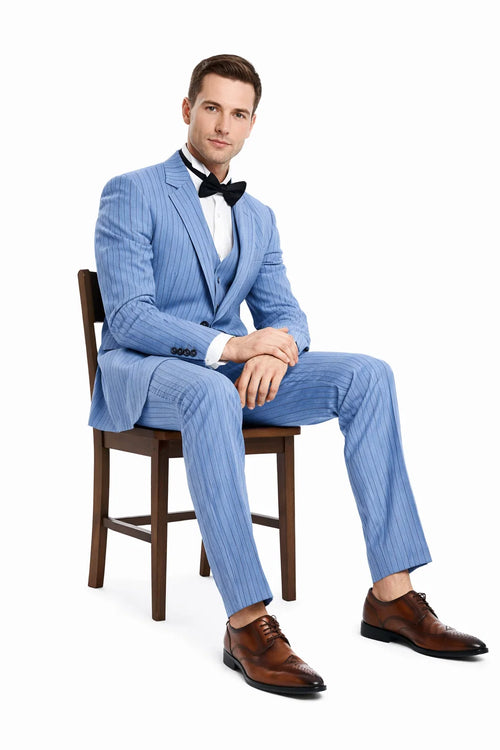 Men’s Smoke Blue Pinstripe 3-Piece Suit – Two Button Vintage Style with Wide Notch Lapel & Vest