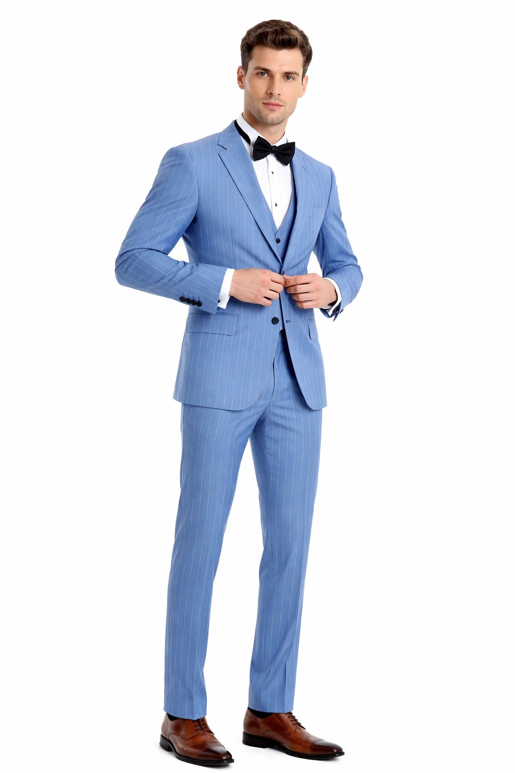 Men’s Smoke Blue Pinstripe 3-Piece Suit – Two Button Vintage Style with Wide Notch Lapel & Vest