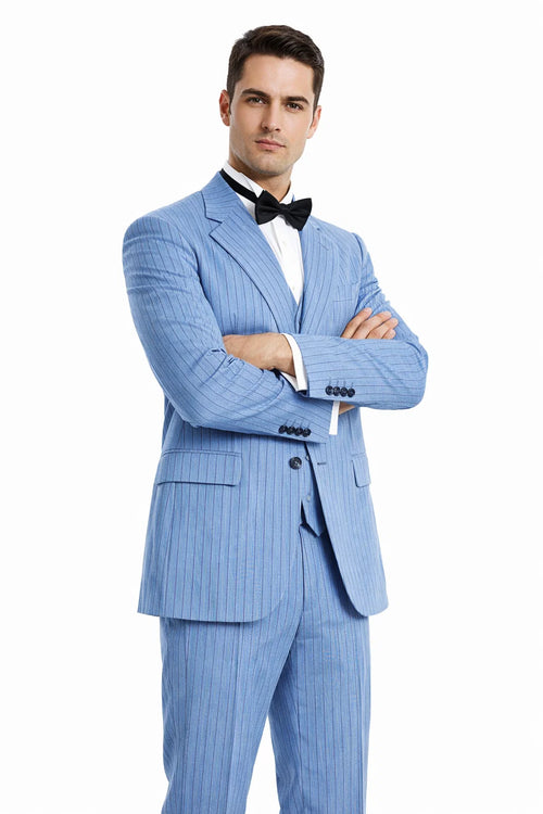 Men’s Smoke Blue Pinstripe 3-Piece Suit – Two Button Vintage Style with Wide Notch Lapel & Vest