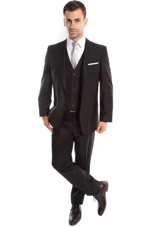 Men's Slim Fit Black Vested Suit by Tazio Suits