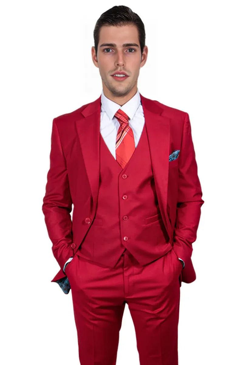 Men's Red Stacy Adams Vested Business Suit - Classy Two-Button Basic