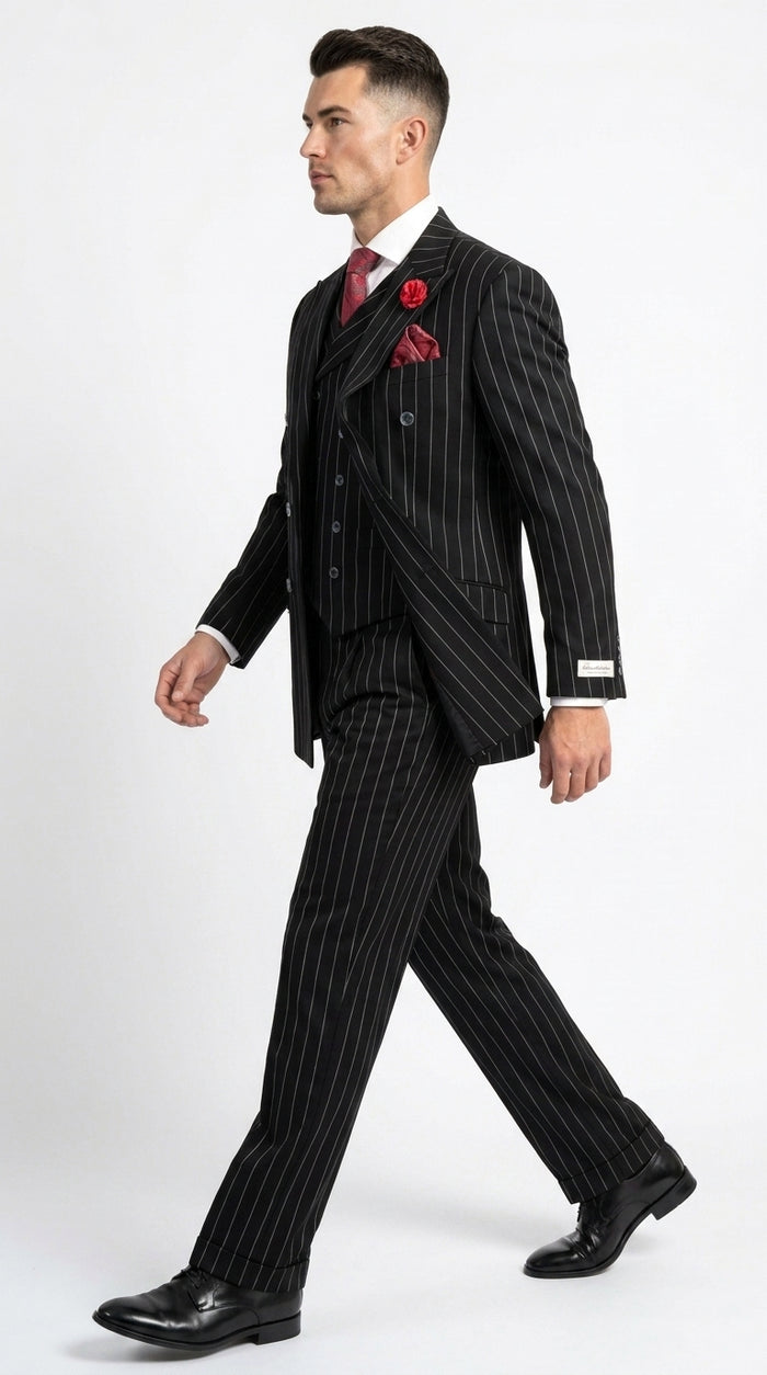 Harlem Nights Suits for Men by Tiglio – 100% Wool Double Breasted Black Pinstripe Vested Suit Wide Leg Pleated Pants Classic fit