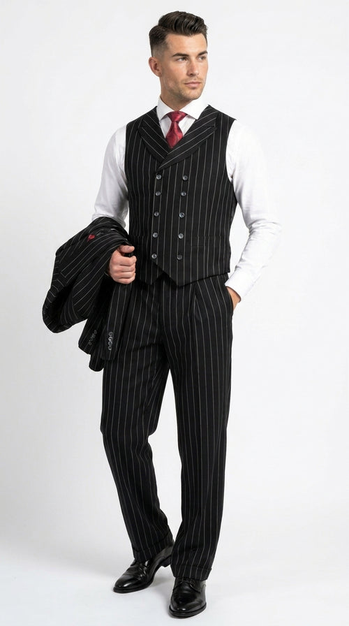 Harlem Nights Suits for Men by Tiglio – 100% Wool Double Breasted Black Pinstripe Vested Suit Wide Leg Pleated Pants Classic fit