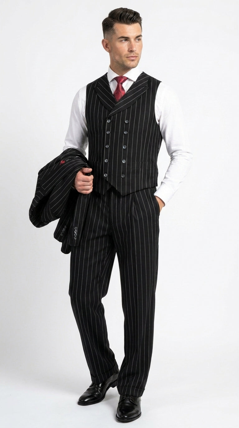 Harlem Nights Suits for Men by Tiglio – 100% Wool Double Breasted Black Pinstripe Vested Suit Wide Leg Pleated Pants Classic fit