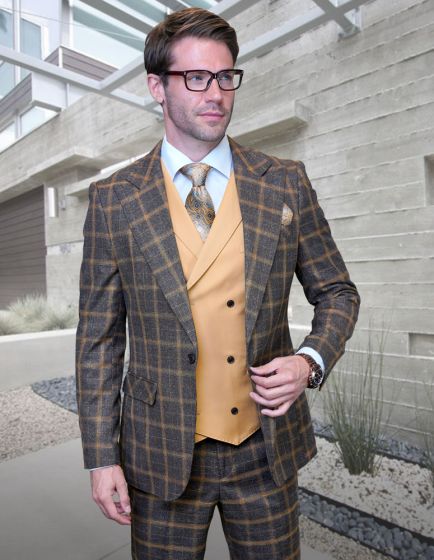 Statement Men’s 100% Wool 3-Piece Suit – Modern Fit with Wide Peak Lapel