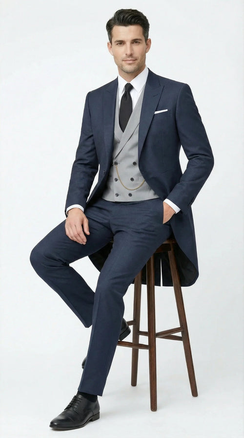 Men’s Navy Blue Three Piece Formal Suit – Cutaway Tuxedo Blazer Trousers for Wedding Tailcoat