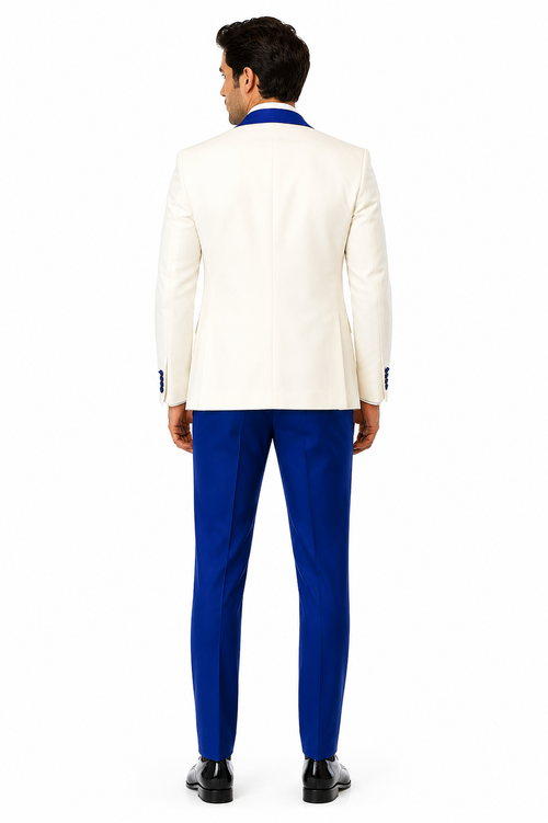 Hilton White and Royal Blue Paisley Peak Lapel Tuxedo Jacket with Matching Shawl Vest and Wool Pants - Includes Bow Tie by USA Men's Outlet