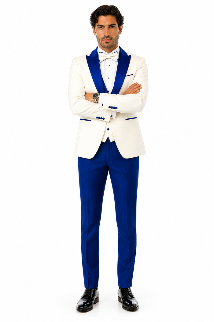 Hilton White and Royal Blue Paisley Peak Lapel Tuxedo Jacket with Matching Shawl Vest and Wool Pants - Includes Bow Tie by USA Men's Outlet