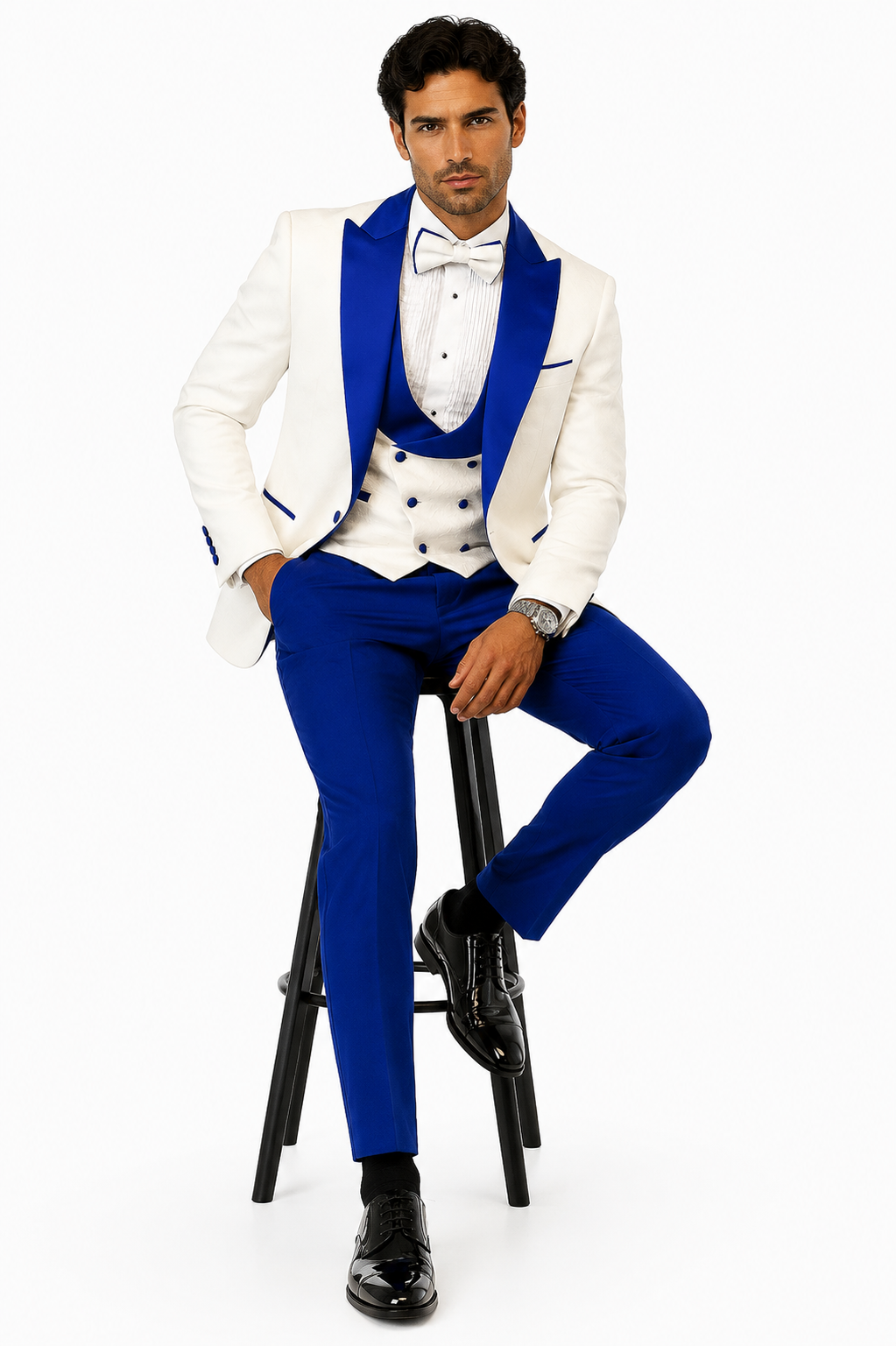 Hilton White and Royal Blue Paisley Peak Lapel Tuxedo Jacket with Matching Shawl Vest and Wool Pants - Includes Bow Tie by USA Men's Outlet