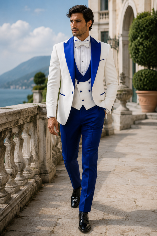 Hilton White and Royal Blue Paisley Peak Lapel Tuxedo Jacket with Matching Shawl Vest and Wool Pants - Includes Bow Tie by USA Men's Outlet