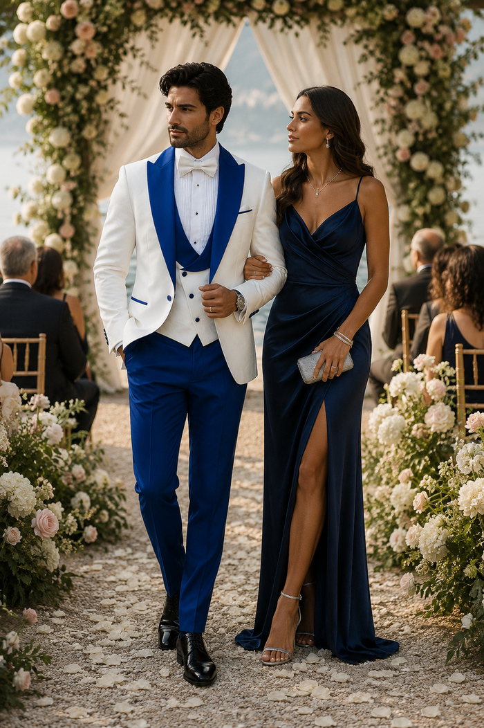 Hilton White and Royal Blue Paisley Peak Lapel Tuxedo Jacket with Matching Shawl Vest and Wool Pants - Includes Bow Tie by USA Men's Outlet