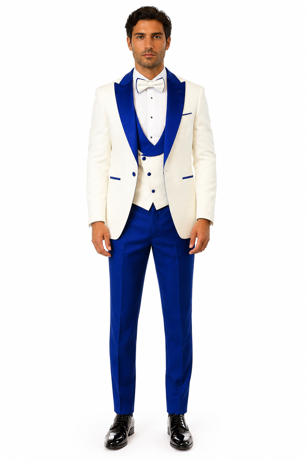 Hilton White and Royal Blue Paisley Peak Lapel Tuxedo Jacket with Matching Shawl Vest and Wool Pants - Includes Bow Tie by USA Men's Outlet