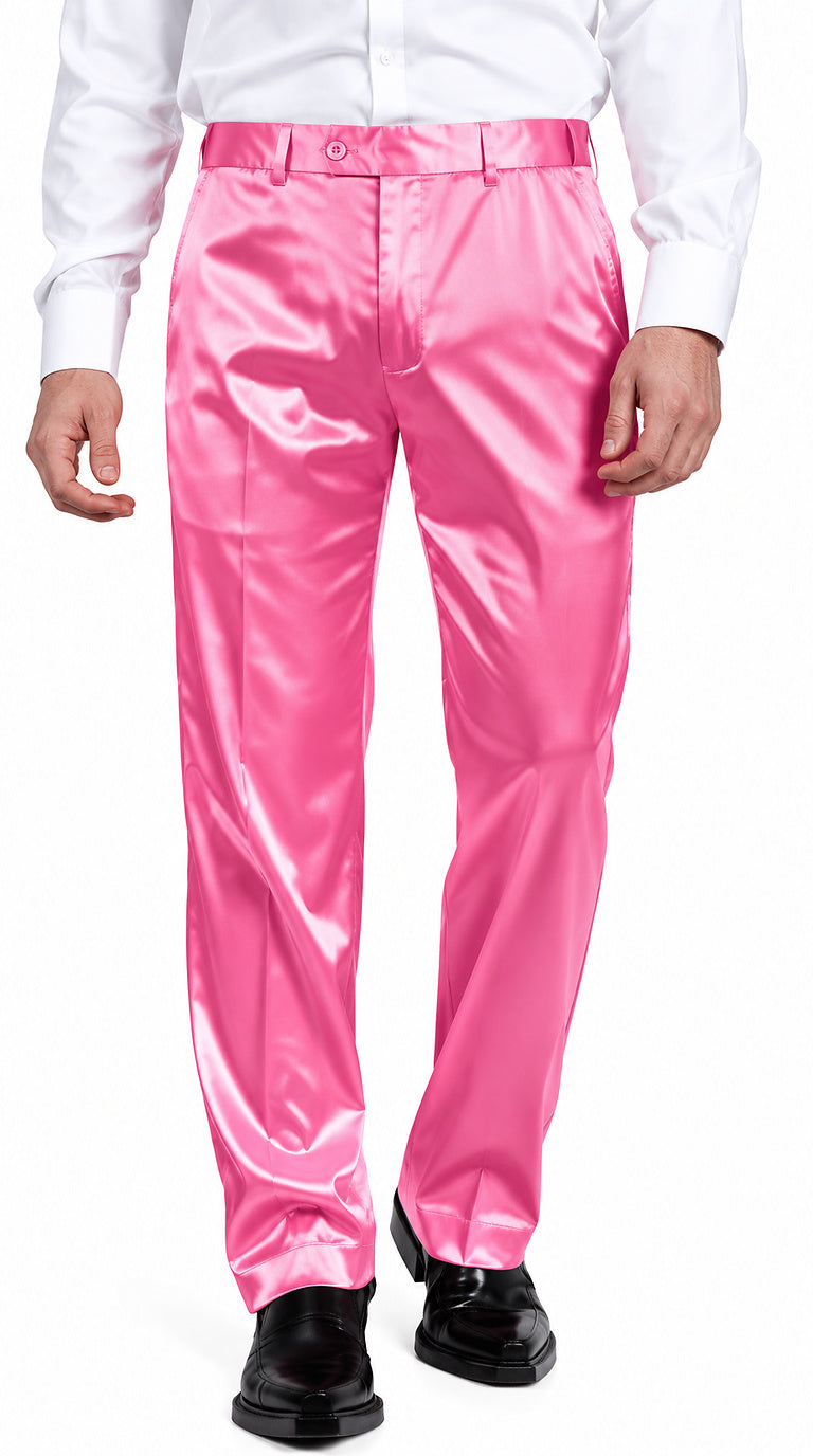 Mens Shiny Stretch Pants Solid Color Slim Fit Sateen Flashy Metallic Slacks in Color "Pink"