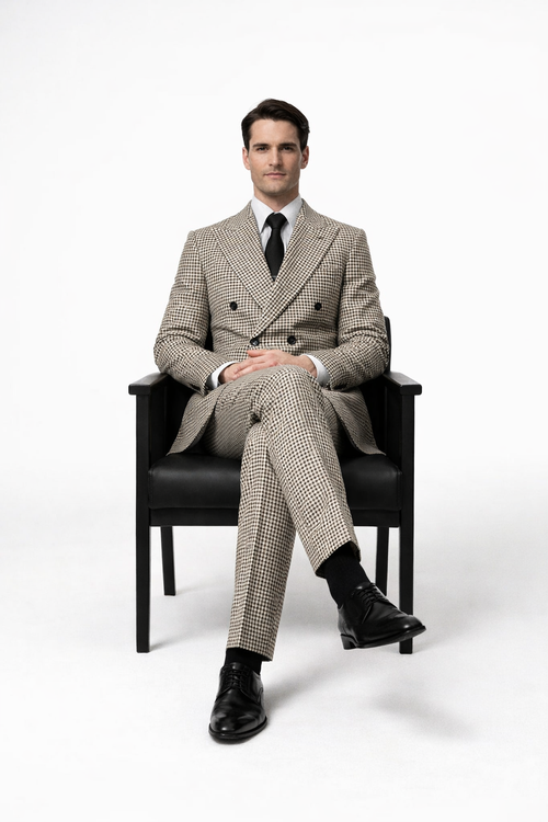 Houndstooth Double Breasted Suit - Wool Fabric Black and White Patterned Checkered Suit