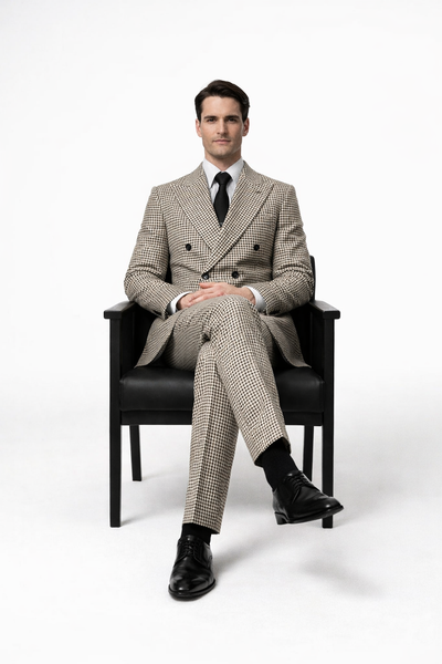 Houndstooth Double Breasted Suit - Wool Fabric Black and White Patterned Checkered Suit