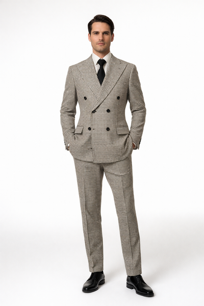 Houndstooth Double Breasted Suit - Wool Fabric Black and White Patterned Checkered Suit