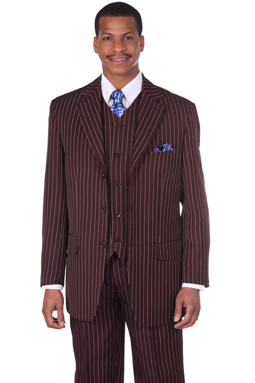 Mens 3 Button Vested Vintage Bold Gangster Pinstripe Suit in Brown by Fortino Landiin