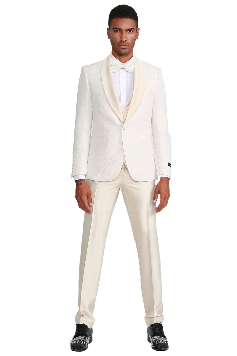 Men's One Button Vested Paisley Prom & Wedding Tuxedo with Satin Vest and Pants in Ivory by Tazzio