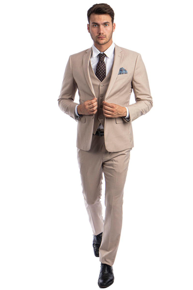 Men's Two Button Slim Fit Vested Solid Basic Color Suit in Medium Tan by Sean Alexander