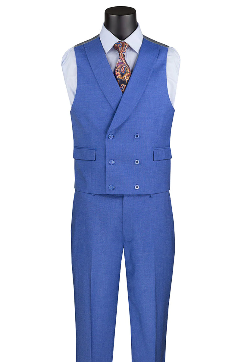 Sharkskin Men's Suit with Double Breasted Vest - Summer Navy Blue by Vinci