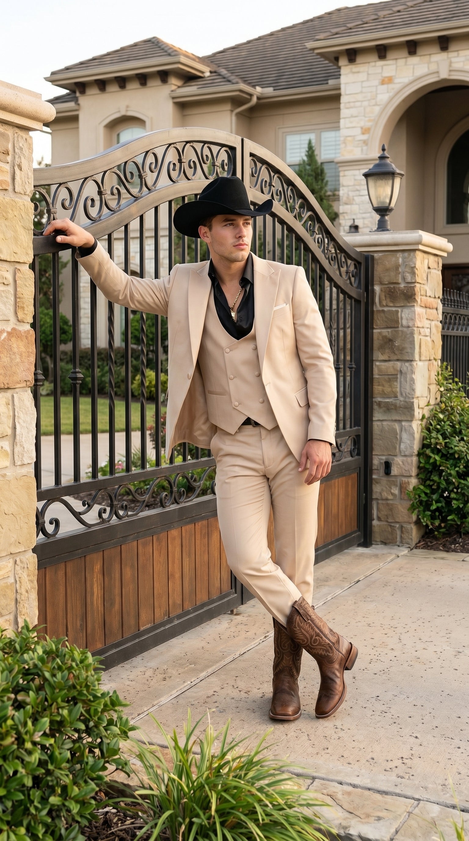 Men’s Light Beige Western 3 Piece Suit with Shawl Lapel, Cowboy Tuxedo Formal Outfit