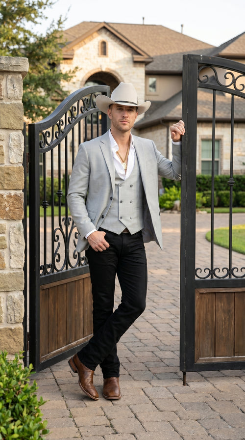 Men’s Light Gray Western Suit Blazer with Double Breasted Vest, Modern Cowboy Formal Outfit