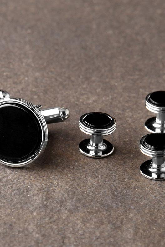 Premium Onyx Triple Rim Silver Studs and Cufflinks Set