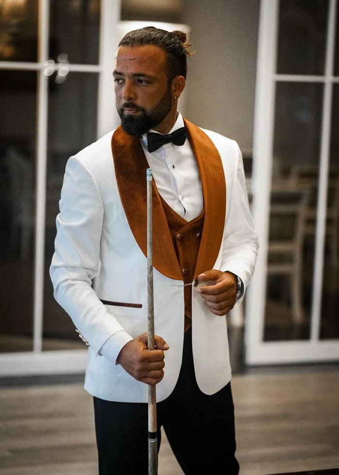 Men’s White Slim Fit Tuxedo with Burnt Orange Velvet Shawl Collar