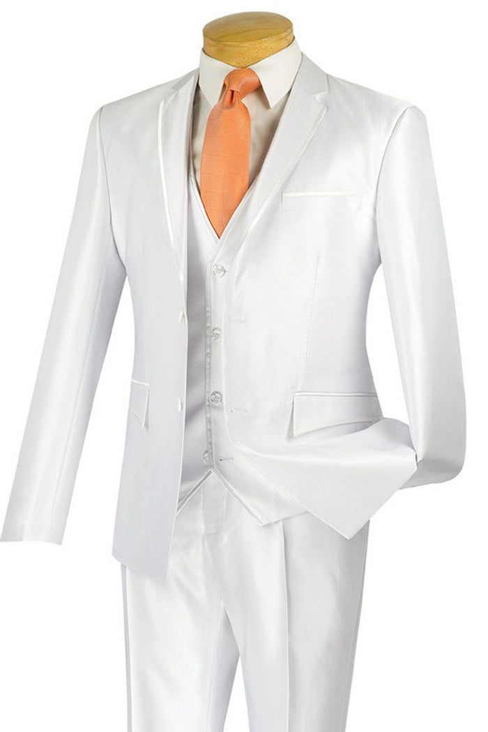 Mens Ultra Slim Fit Vested Shiny Sharkskin Suit with Trim in Grey by Vinci