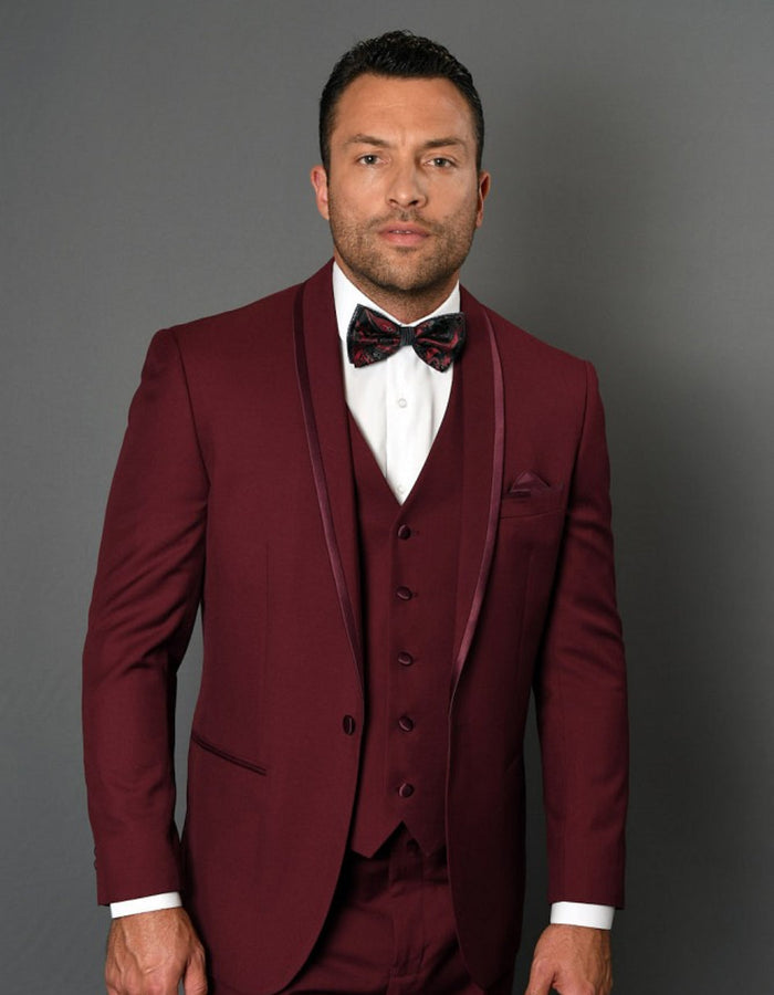 Maroon Prom Suit - Maroon Prom Tuxedo Suits - Maroon Wedding Tuxedo Mens One Button Satin Trim Shawl Tuxedo in Burgundy Wool by PROMTUXEDO