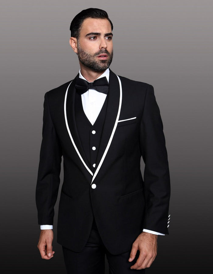 Mens One Button Satin Trim Shawl Tuxedo in Black & White - Men's Tuxedo USA