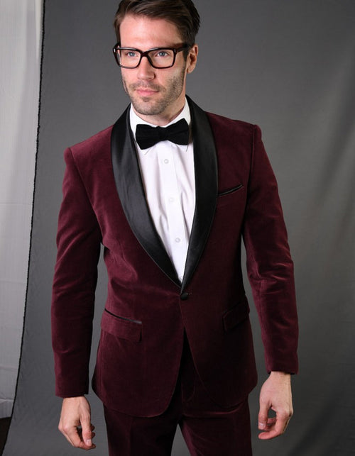 Maroon Prom Suit - Maroon Prom Tuxedo Suits - Maroon Wedding Tuxedo Mens 1 Button Shawl Lapel Velvet Tuxedo in burgundy