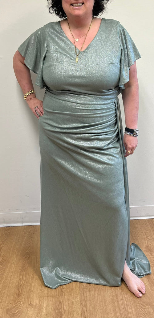 Metallic Glitter Flutter Sleeve Gown with Ruched Waist and High Slit Formal Evening Dress By Lenovia 5329