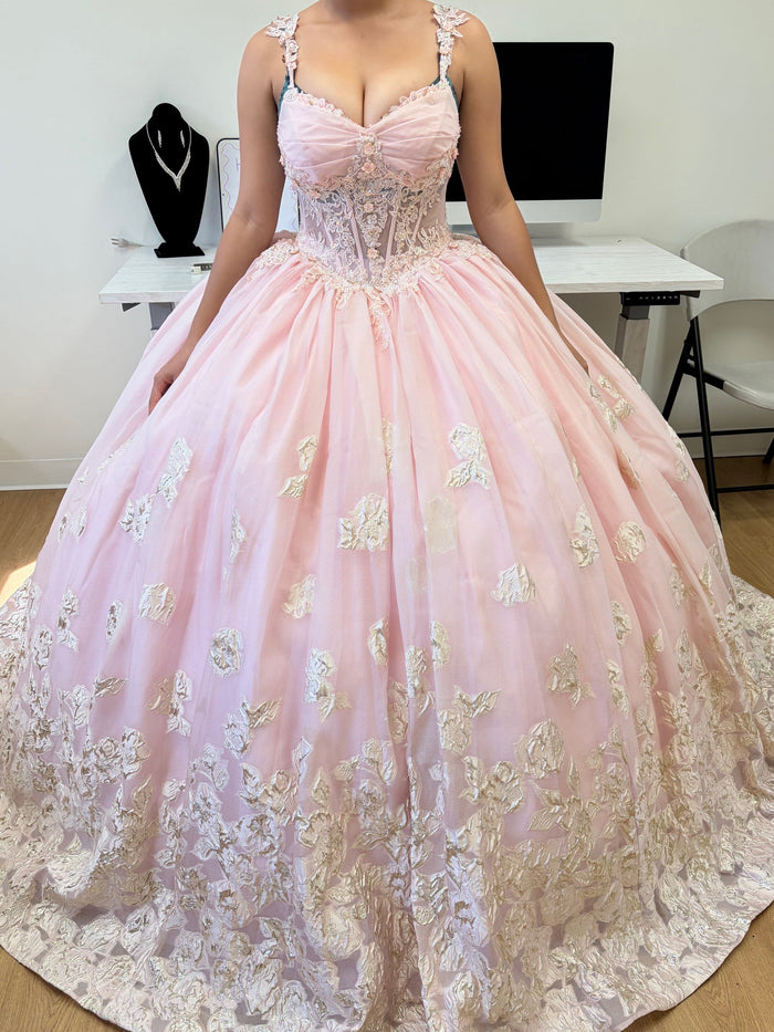 Layla K LK256 Sheer Bodice Floral Sleeveless Blush Quinceanera Gown