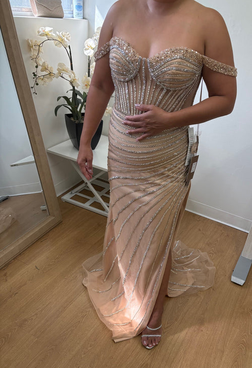 Long Prom Dress Beaded Off Shoulder Evening Gown Amelia Couture TM1029