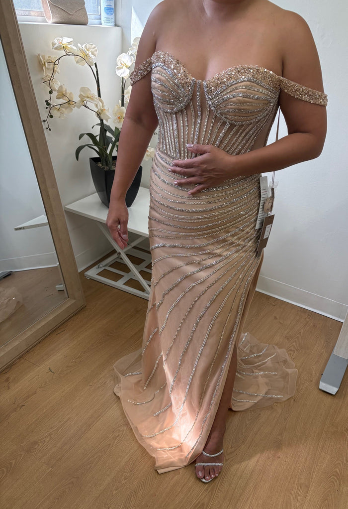 Long Prom Dress Beaded Off Shoulder Evening Gown Amelia Couture TM1029
