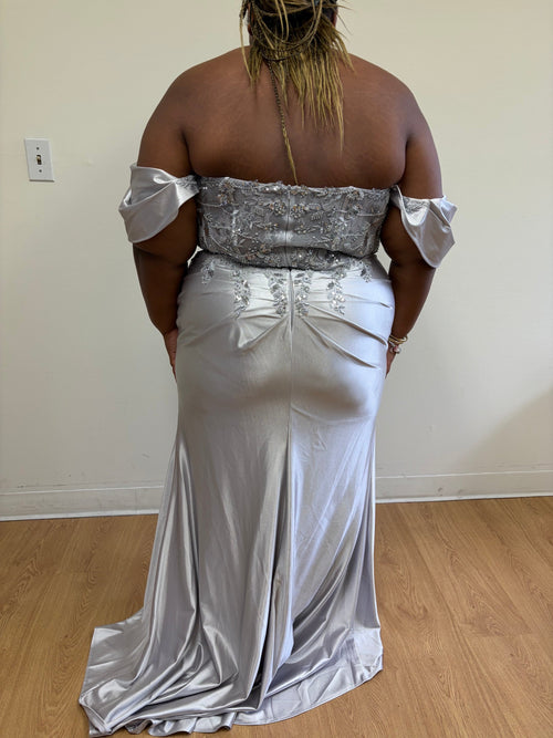 Plus Size Mermaid Evening Gown with Beaded Corset Bodice & High Slit by May Queen MQ2181B