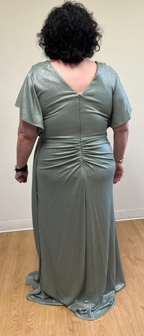 Metallic Glitter Flutter Sleeve Gown with Ruched Waist and High Slit Formal Evening Dress By Lenovia 5329