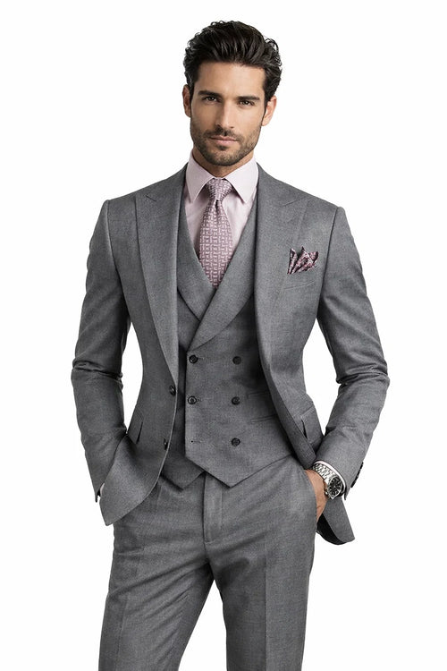 Men's Summer Sharkskin Suit with Double Breasted Vest in Charcoal Grey