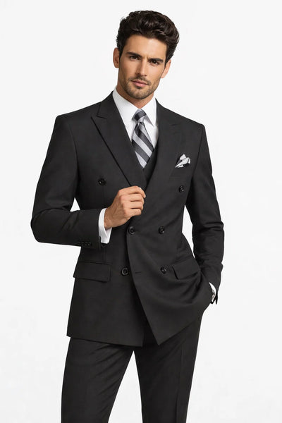 Mens Classic Double Breasted Poplin Suit in Black