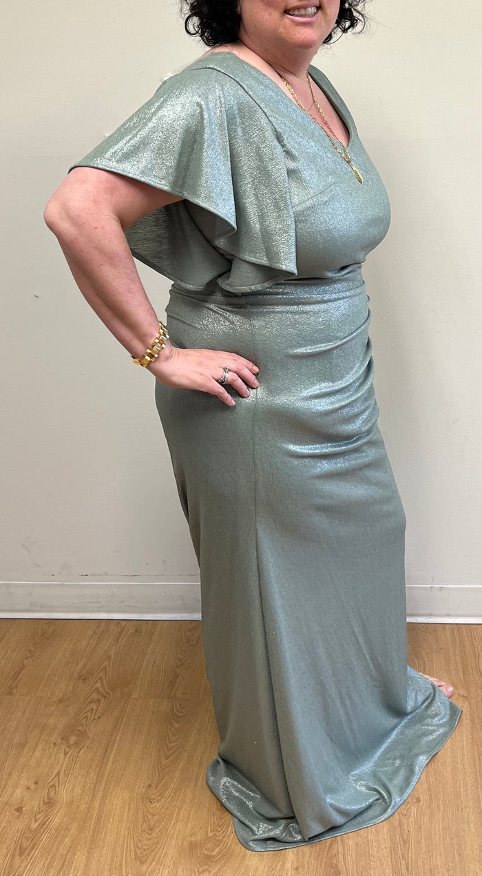 Metallic Glitter Flutter Sleeve Gown with Ruched Waist and High Slit Formal Evening Dress By Lenovia 5329