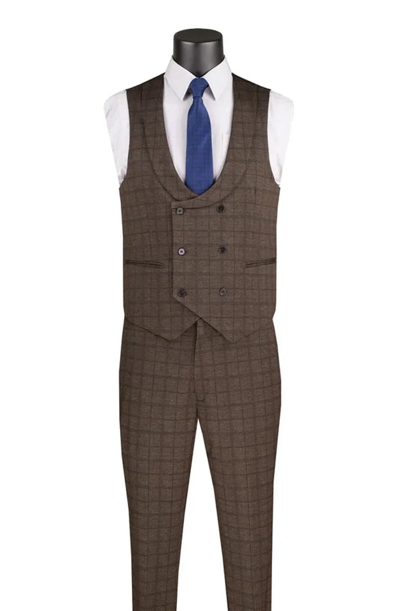 Men’s Brown 3-Piece Slim Fit Suit – 2 Button Peak Lapel Jacket with Double Breasted Vest & Flat Front Pants