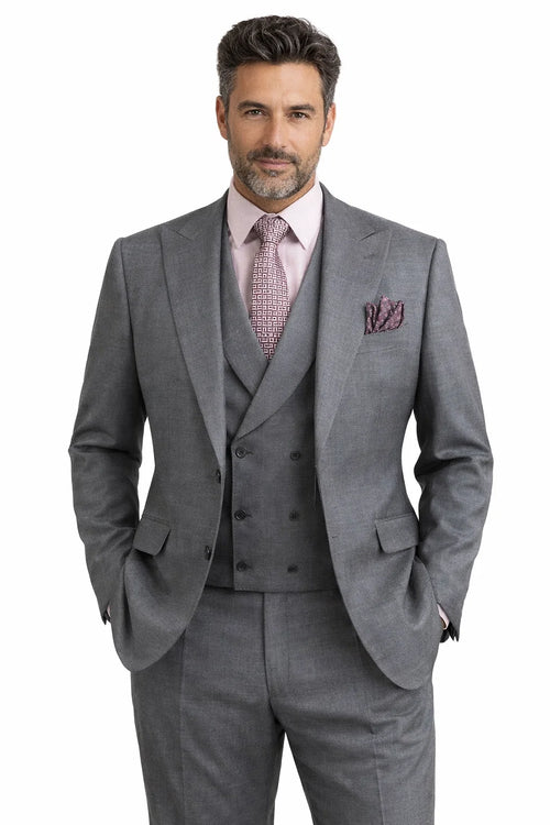 Men's Summer Sharkskin Suit with Double Breasted Vest in Charcoal Grey