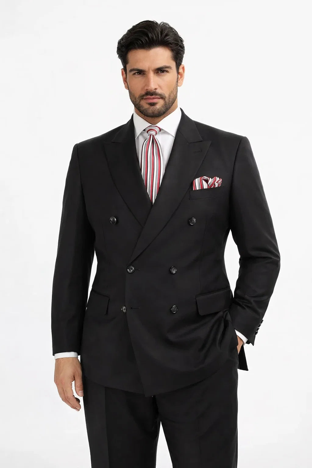 Mens Classic Double Breasted Luxury Wool Feel Suit in Black