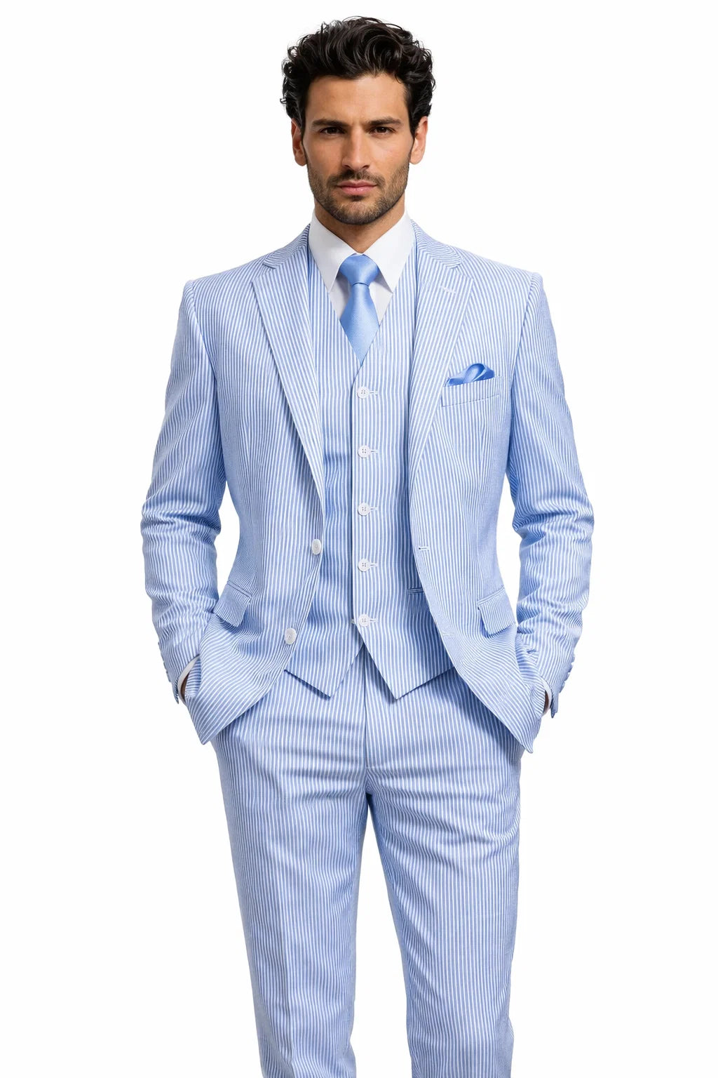 Mens 2 Button Vested Summer Seersucker Suit in Blue