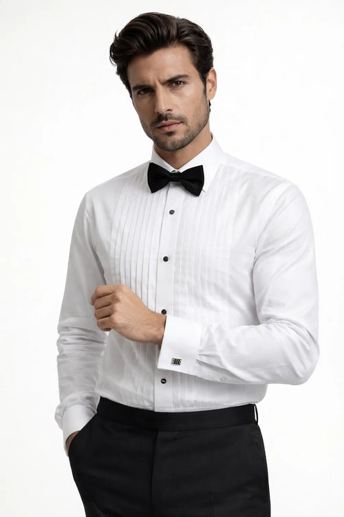 Classic Tuxedo MEN'S REGULAR FIT POINT COLLAR HALF-INCH PLEAT WHITE TUXEDO SHIRT & BOWTIE SET